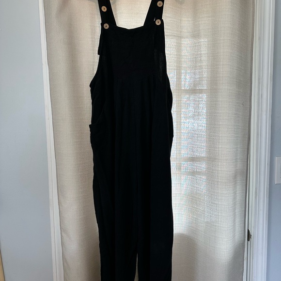 Black Wide Leg Jumpsuit with Adjustable Straps Linen XL short - Picture 4 of 12